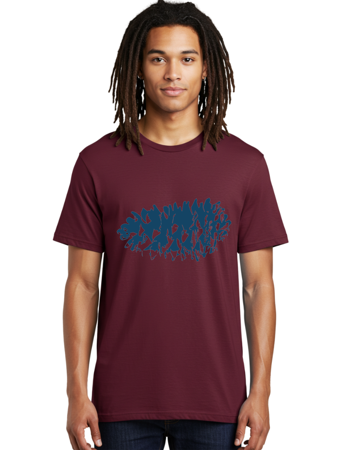 Rustic Pine Cluster Men'S Graphic Tee, 100% Cotton, Comfortable Casual Summer Wear, Machine Washable, Silhouette Of Horses, Group Of Horses, Galloping Horses, Abstract Horses, Dark Blue Horses, Dynamic Movement, Chaotic Movement, Horse Shapes, Aae627