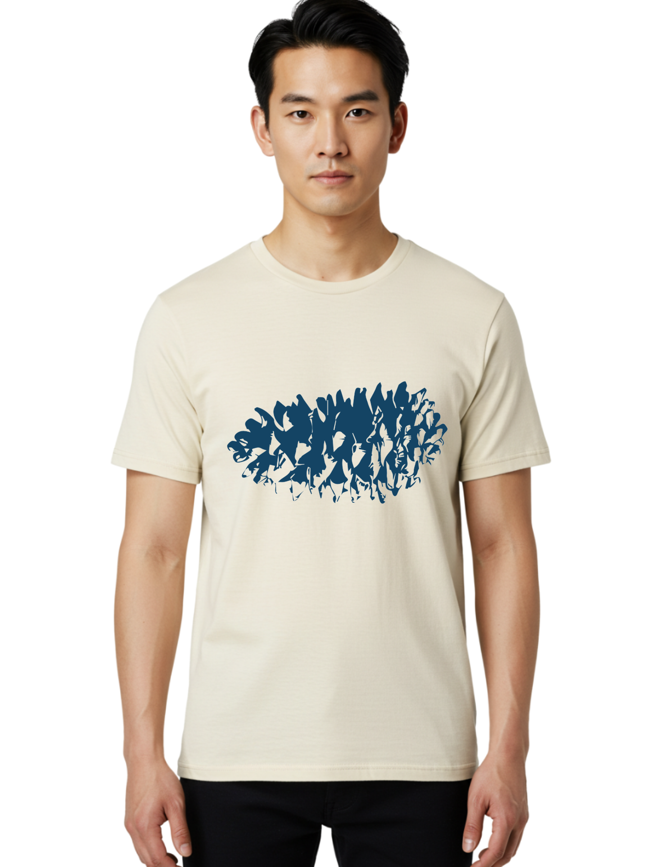 Rustic Pine Cluster Men'S Graphic Tee, 100% Cotton, Comfortable Casual Summer Wear, Machine Washable, Silhouette Of Horses, Group Of Horses, Galloping Horses, Abstract Horses, Dark Blue Horses, Dynamic Movement, Chaotic Movement, Horse Shapes, Aae627