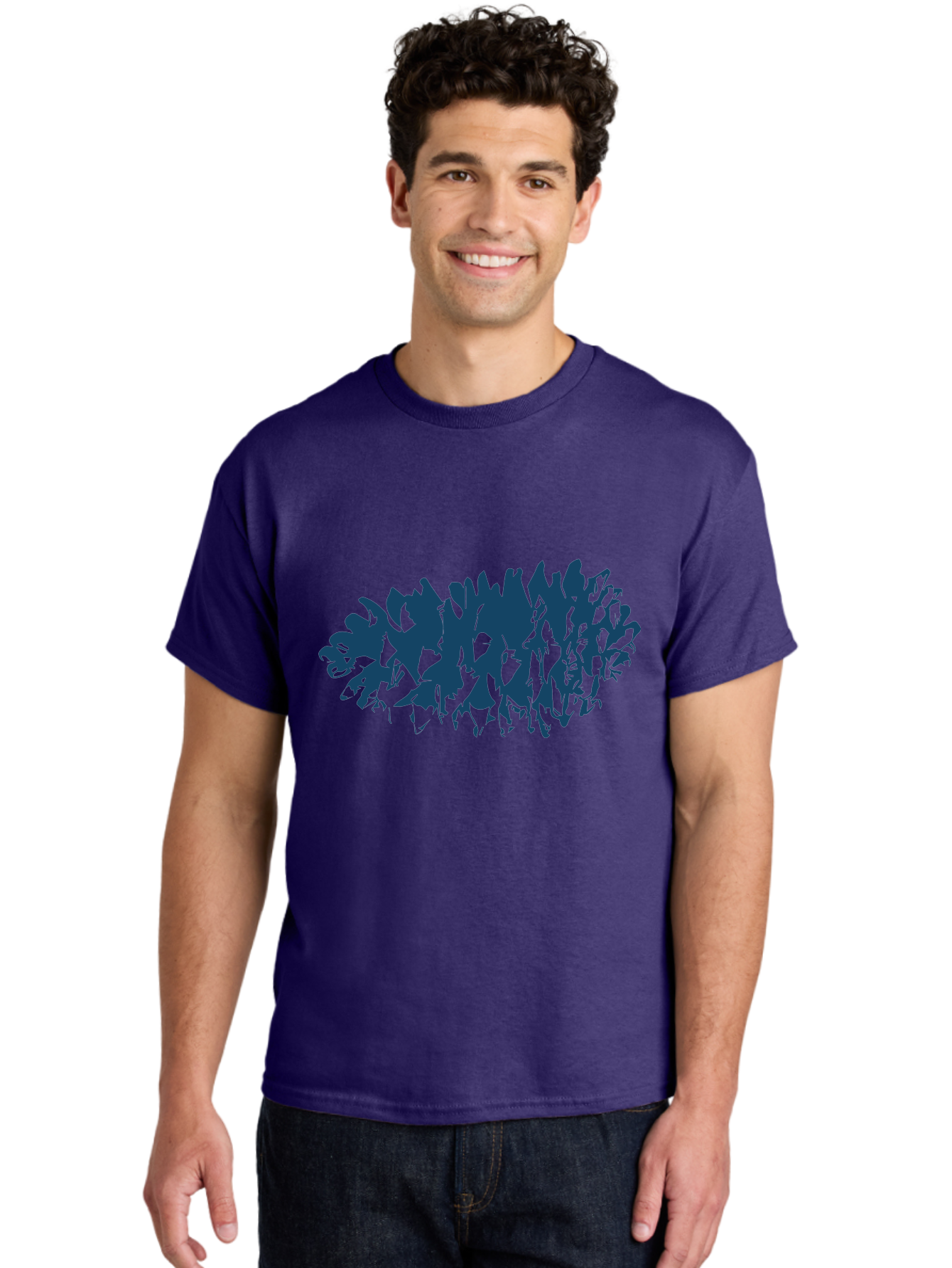 Rustic Pine Cluster Men'S Graphic Tee, 100% Cotton, Comfortable Casual Summer Wear, Machine Washable, Silhouette Of Horses, Group Of Horses, Galloping Horses, Abstract Horses, Dark Blue Horses, Dynamic Movement, Chaotic Movement, Horse Shapes, Aae627
