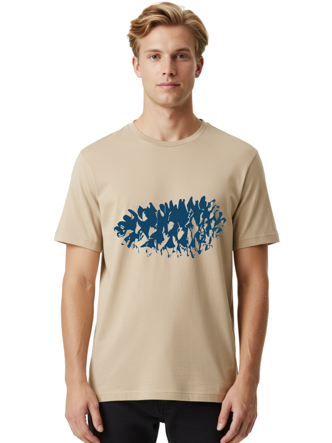 Rustic Pine Cluster Men'S Graphic Tee, 100% Cotton, Comfortable Casual Summer Wear, Machine Washable, Silhouette Of Horses, Group Of Horses, Galloping Horses, Abstract Horses, Dark Blue Horses, Dynamic Movement, Chaotic Movement, Horse Shapes, Aae627