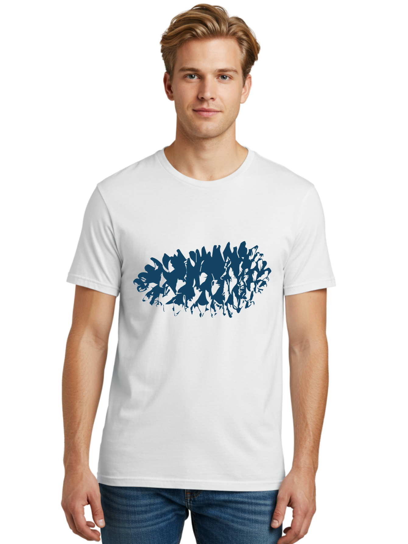 Rustic Pine Cluster Men'S Graphic Tee, 100% Cotton, Comfortable Casual Summer Wear, Machine Washable, Silhouette Of Horses, Group Of Horses, Galloping Horses, Abstract Horses, Dark Blue Horses, Dynamic Movement, Chaotic Movement, Horse Shapes, Aae627