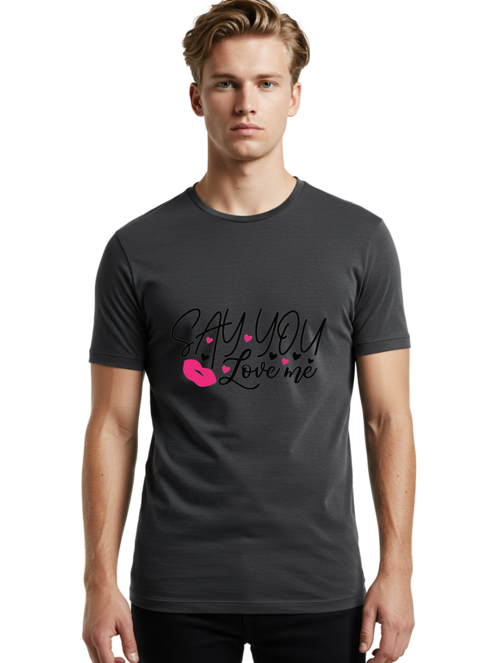Say You Love Me Men'S Graphic Tee, 100% Cotton, Comfortable Casual Summer Wear, Machine Washable, Say You Love Me, Lipstick Kiss, Romantic Quote, Love Phrase, Heart Symbols, Pink Lips, Lovely Message, Sweet Sentiment, Charming Design, Aae629
