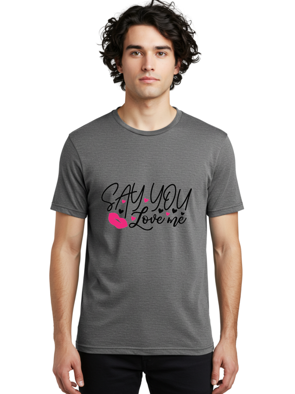 Say You Love Me Men'S Graphic Tee, 100% Cotton, Comfortable Casual Summer Wear, Machine Washable, Say You Love Me, Lipstick Kiss, Romantic Quote, Love Phrase, Heart Symbols, Pink Lips, Lovely Message, Sweet Sentiment, Charming Design, Aae629