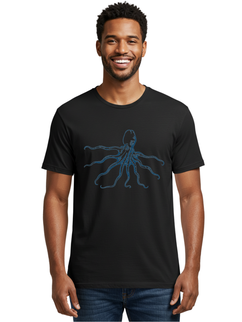 Sea Octopus Men'S Graphic Tee, 100% Cotton, Comfortable Casual Summer Wear, Machine Washable, Octopus, Eight Legs, Marine Life, Underwater Creature, Cephalopod, Ocean Animal, Tentacles, Wildlife, Sea Creature, Blue Illustration Aae631