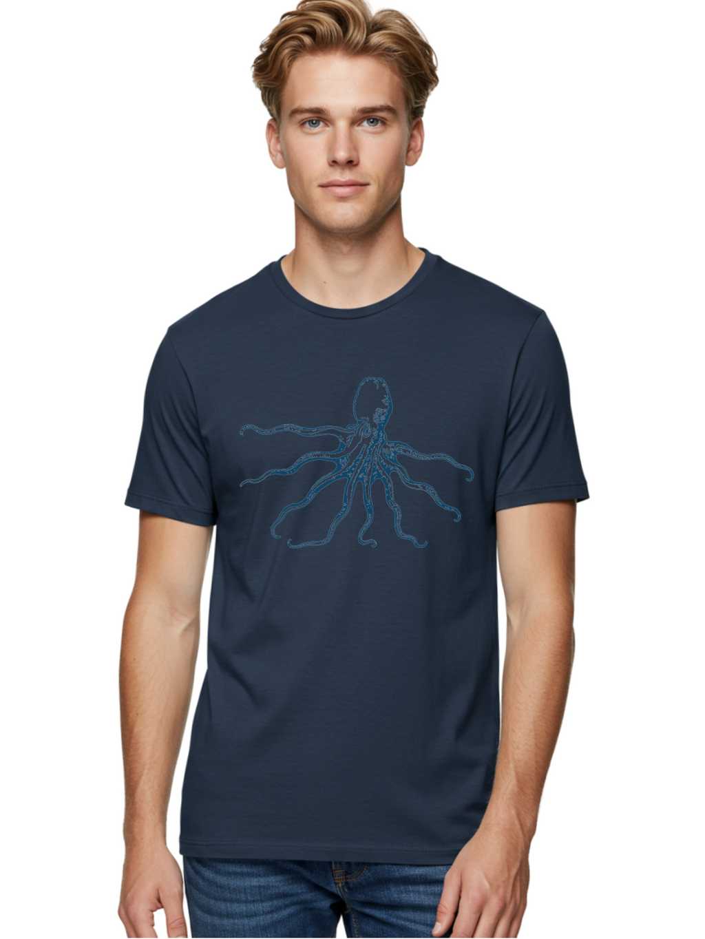 Sea Octopus Men'S Graphic Tee, 100% Cotton, Comfortable Casual Summer Wear, Machine Washable, Octopus, Eight Legs, Marine Life, Underwater Creature, Cephalopod, Ocean Animal, Tentacles, Wildlife, Sea Creature, Blue Illustration Aae631