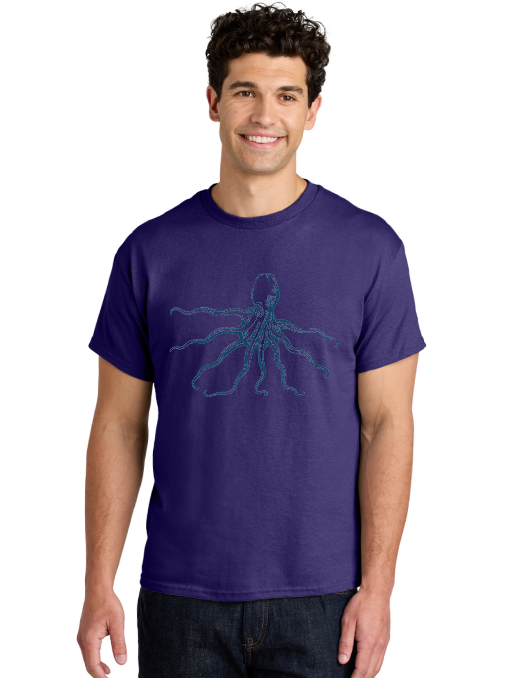 Sea Octopus Men'S Graphic Tee, 100% Cotton, Comfortable Casual Summer Wear, Machine Washable, Octopus, Eight Legs, Marine Life, Underwater Creature, Cephalopod, Ocean Animal, Tentacles, Wildlife, Sea Creature, Blue Illustration Aae631