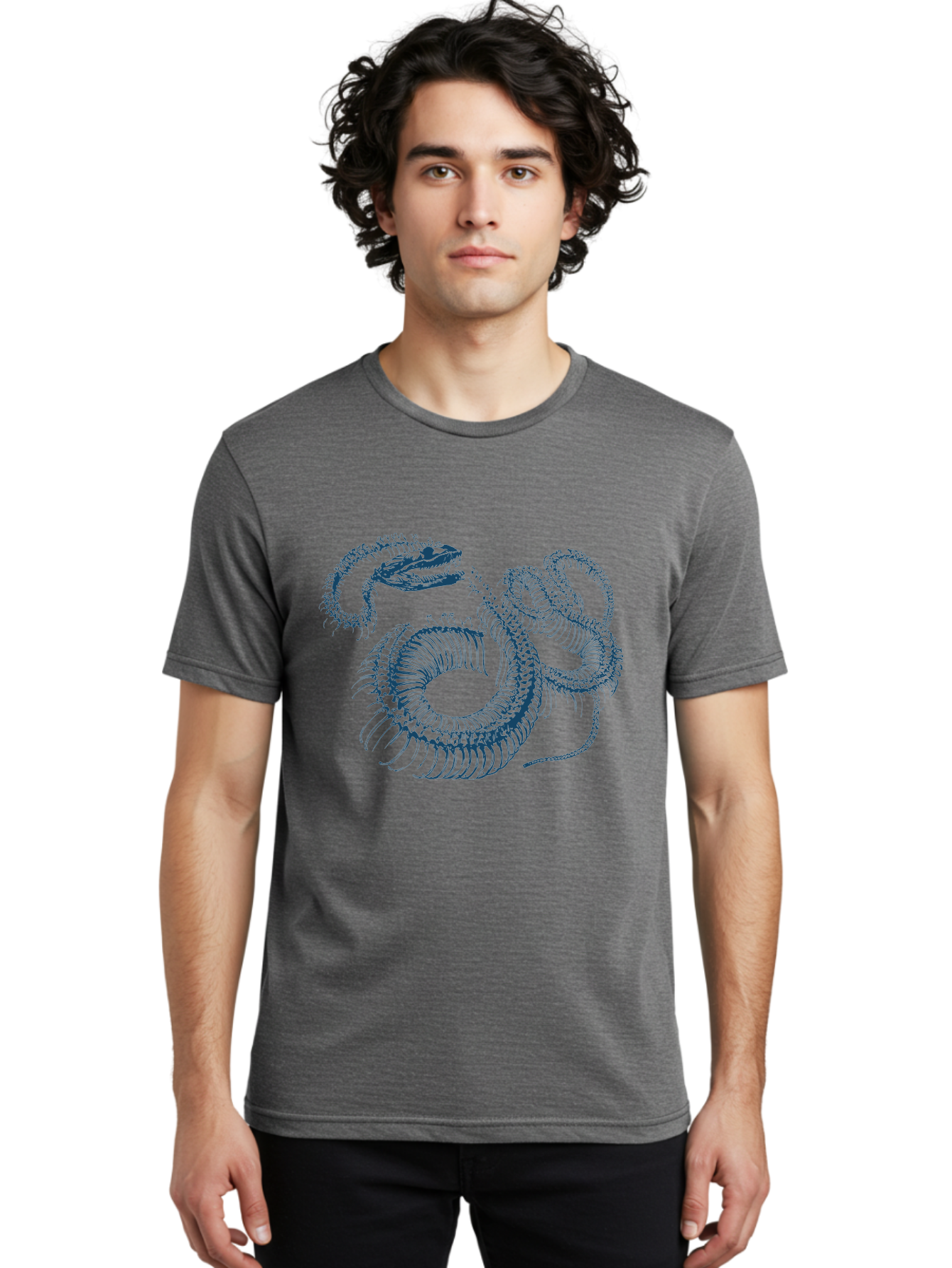Sea-Monster Men'S Graphic Tee, 100% Cotton, Comfortable Casual Summer Wear, Machine Washable, Snake Illustration, Coiled Serpent, Detailed Drawing, Navy Blue Lines, Abstract Art, Snake Species, Reptile Design, Artistic Representation, Aae632