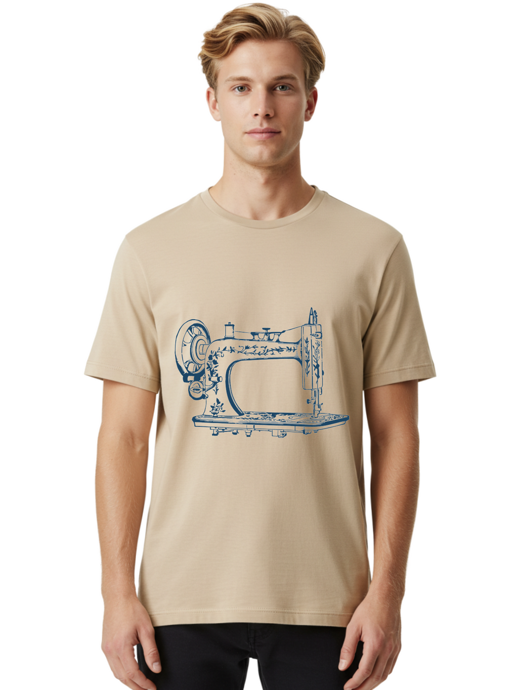 Sewing-Machine Men'S Graphic Tee, 100% Cotton, Comfortable Casual Summer Wear, Machine Washable, Vintage Sewing Machine, Floral Patterns, Antique Machinery, Crafting Tools, Textile Art, Classic Design, Sewing Equipment, Ornate Details, Aae633