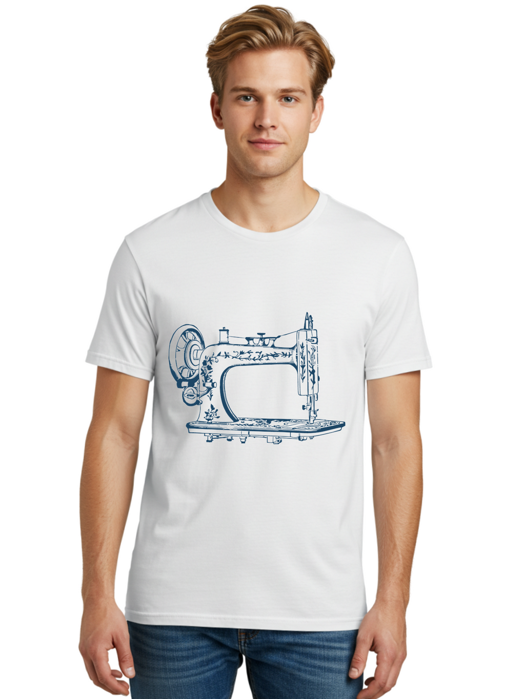 Sewing-Machine Men'S Graphic Tee, 100% Cotton, Comfortable Casual Summer Wear, Machine Washable, Vintage Sewing Machine, Floral Patterns, Antique Machinery, Crafting Tools, Textile Art, Classic Design, Sewing Equipment, Ornate Details, Aae633