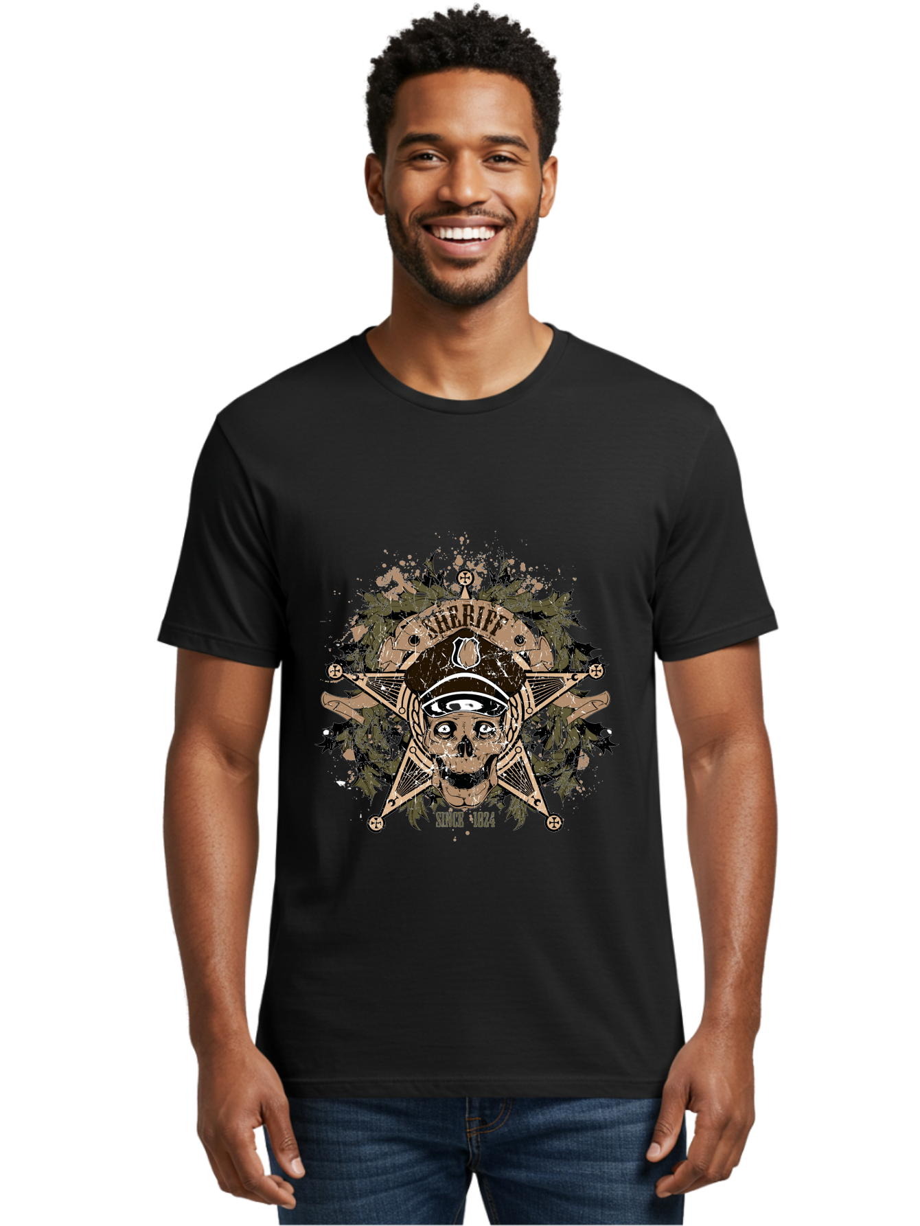 Sheriff Since 1824 Men'S Graphic Tee, 100% Cotton, Comfortable Casual Summer Wear, Machine Washable, Vintage Skull Design, Sailor Skull, Pirate Emblem, Nautical Theme, Tattoo Art, Grunge Style, Maritime Symbol, Edgy Aesthetic, Pirate Life, Aae634