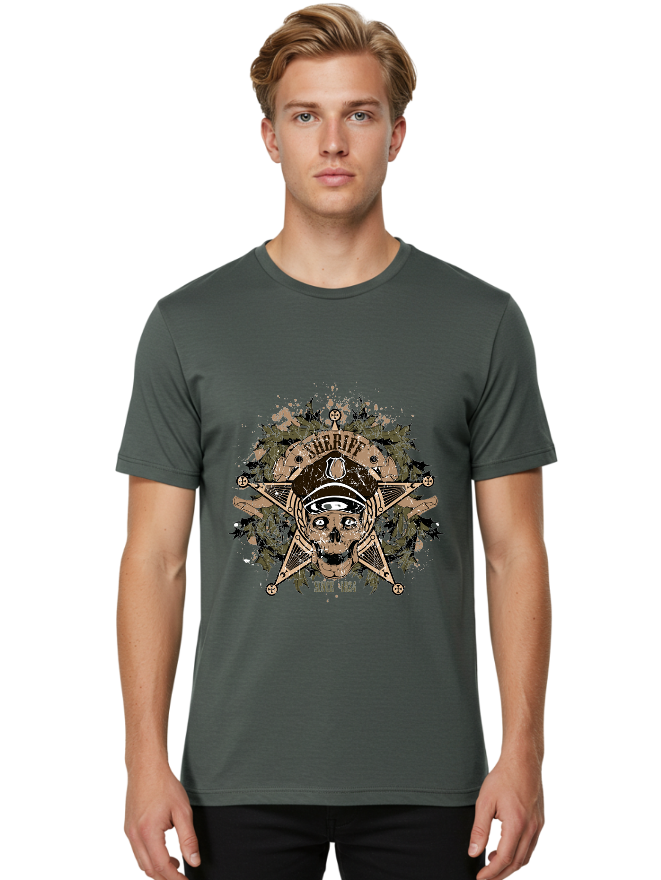 Sheriff Since 1824 Men'S Graphic Tee, 100% Cotton, Comfortable Casual Summer Wear, Machine Washable, Vintage Skull Design, Sailor Skull, Pirate Emblem, Nautical Theme, Tattoo Art, Grunge Style, Maritime Symbol, Edgy Aesthetic, Pirate Life, Aae634