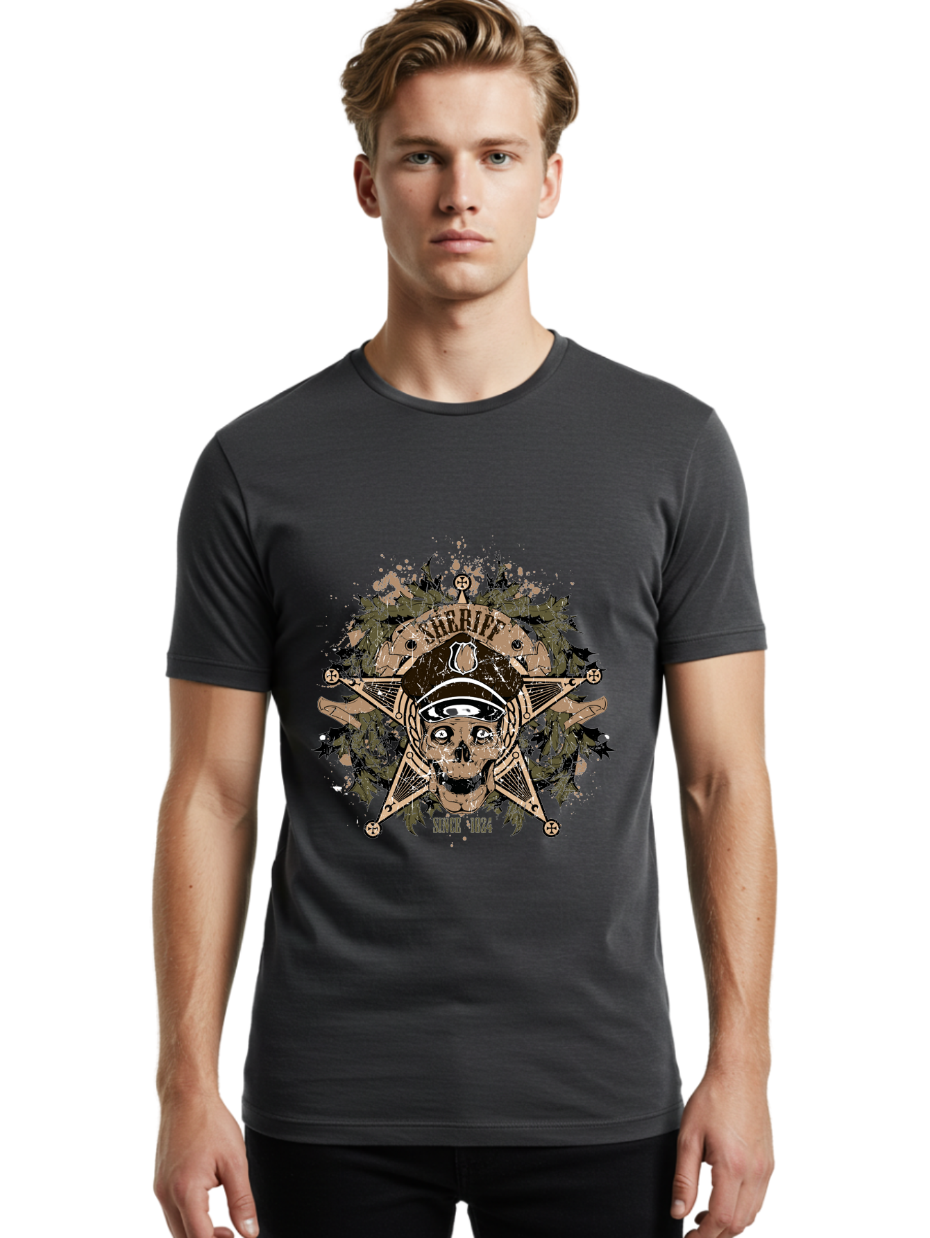 Sheriff Since 1824 Men'S Graphic Tee, 100% Cotton, Comfortable Casual Summer Wear, Machine Washable, Vintage Skull Design, Sailor Skull, Pirate Emblem, Nautical Theme, Tattoo Art, Grunge Style, Maritime Symbol, Edgy Aesthetic, Pirate Life, Aae634