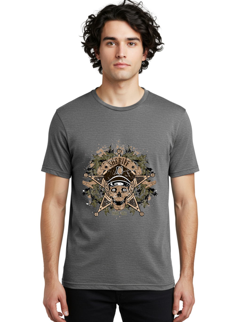Sheriff Since 1824 Men'S Graphic Tee, 100% Cotton, Comfortable Casual Summer Wear, Machine Washable, Vintage Skull Design, Sailor Skull, Pirate Emblem, Nautical Theme, Tattoo Art, Grunge Style, Maritime Symbol, Edgy Aesthetic, Pirate Life, Aae634