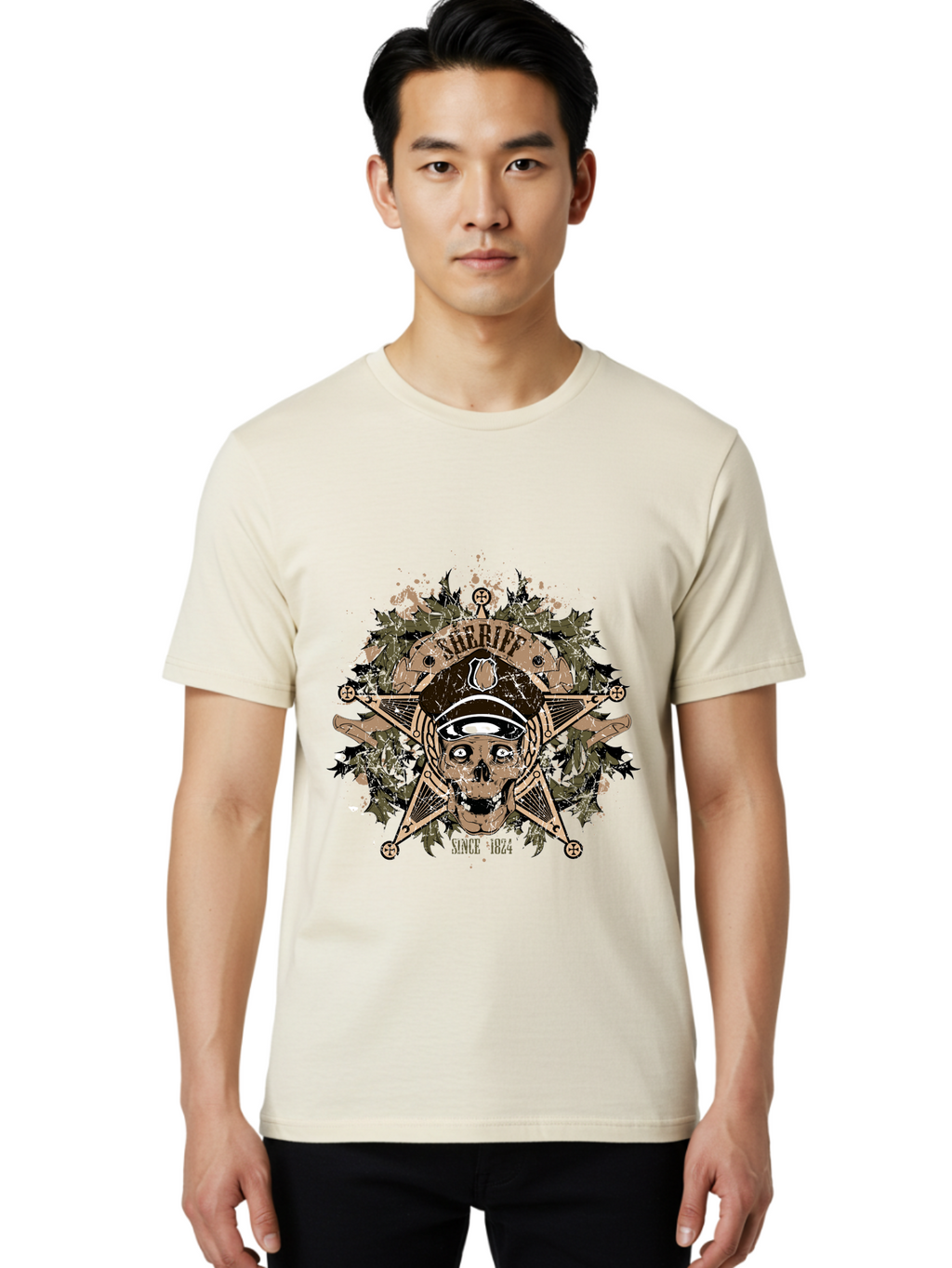 Sheriff Since 1824 Men'S Graphic Tee, 100% Cotton, Comfortable Casual Summer Wear, Machine Washable, Vintage Skull Design, Sailor Skull, Pirate Emblem, Nautical Theme, Tattoo Art, Grunge Style, Maritime Symbol, Edgy Aesthetic, Pirate Life, Aae634