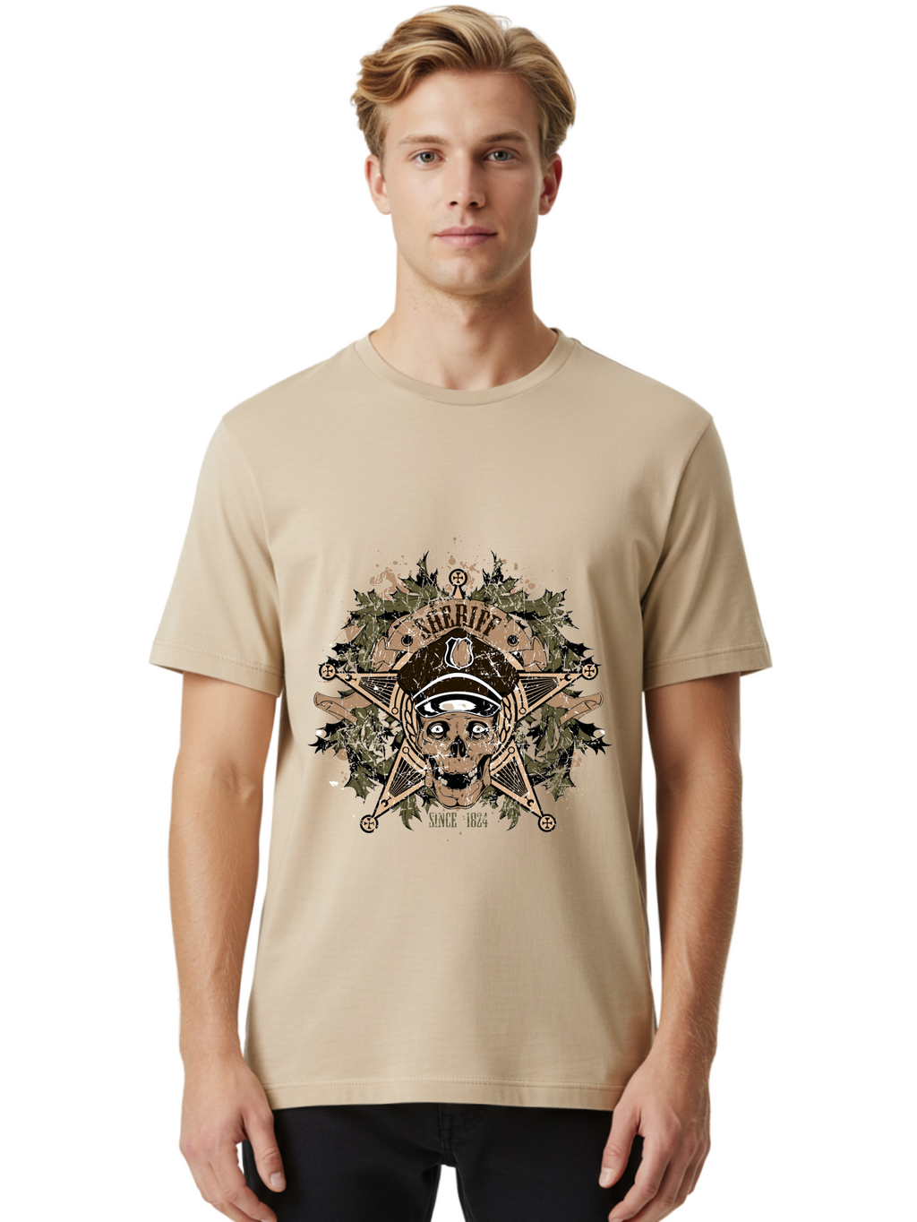 Sheriff Since 1824 Men'S Graphic Tee, 100% Cotton, Comfortable Casual Summer Wear, Machine Washable, Vintage Skull Design, Sailor Skull, Pirate Emblem, Nautical Theme, Tattoo Art, Grunge Style, Maritime Symbol, Edgy Aesthetic, Pirate Life, Aae634