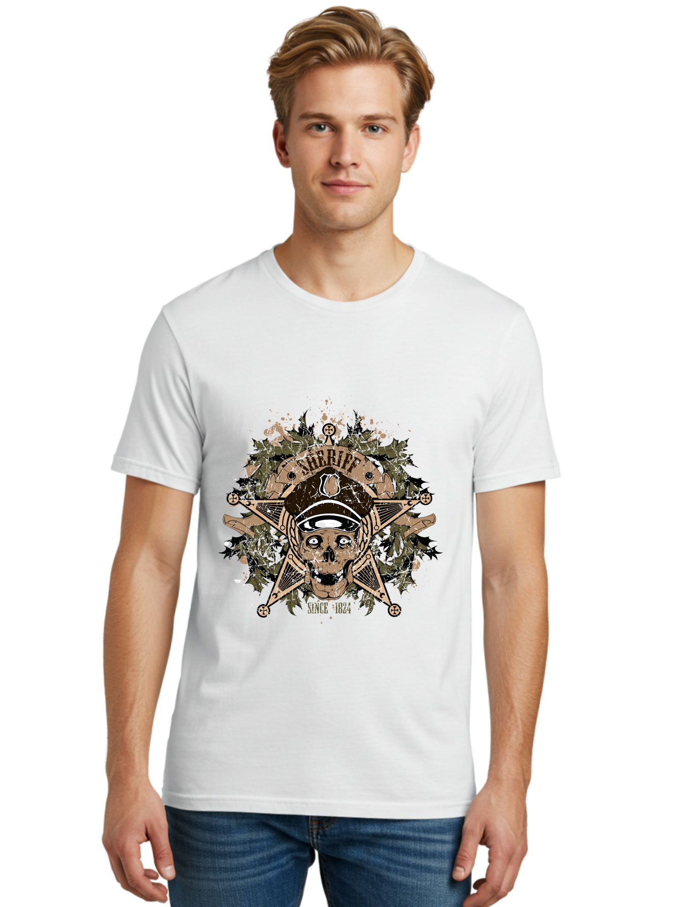 Sheriff Since 1824 Men'S Graphic Tee, 100% Cotton, Comfortable Casual Summer Wear, Machine Washable, Vintage Skull Design, Sailor Skull, Pirate Emblem, Nautical Theme, Tattoo Art, Grunge Style, Maritime Symbol, Edgy Aesthetic, Pirate Life, Aae634