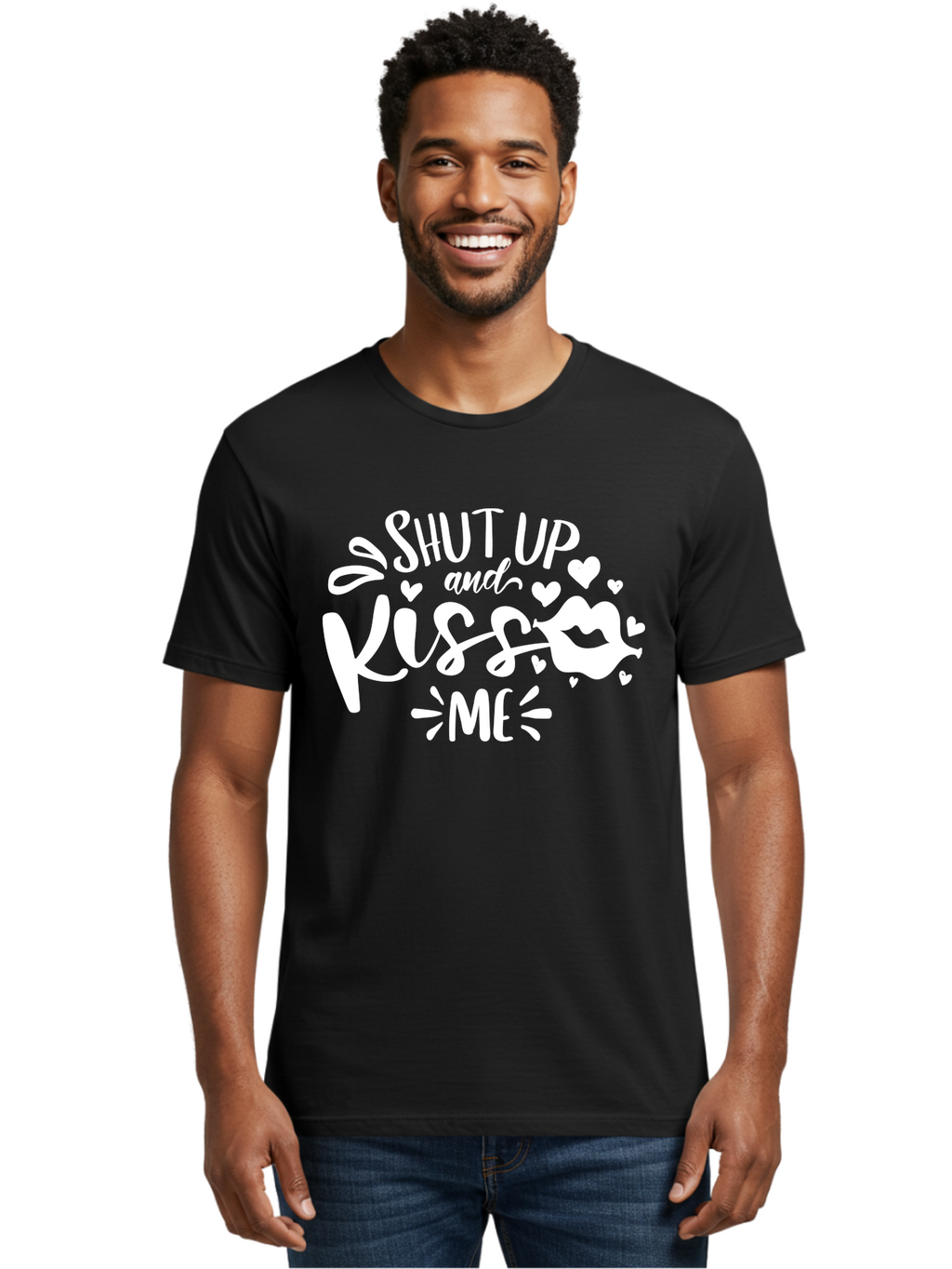 Shut Up And Kiss Me White Men'S Graphic Tee, 100% Cotton, Comfortable Casual Summer Wear, Machine Washable, Romantic Quote, Kiss Me, Shut Up, Love Message, Heart Icons, Lips Illustration, Affectionate Phrase, Valentines Day, Sweet Nothings, Aae637