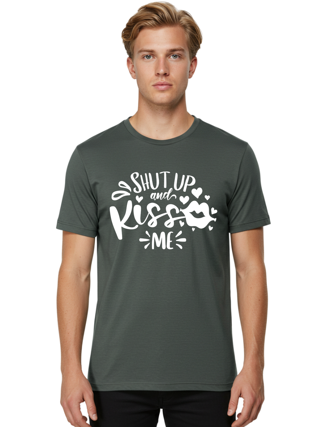 Shut Up And Kiss Me White Men'S Graphic Tee, 100% Cotton, Comfortable Casual Summer Wear, Machine Washable, Romantic Quote, Kiss Me, Shut Up, Love Message, Heart Icons, Lips Illustration, Affectionate Phrase, Valentines Day, Sweet Nothings, Aae637