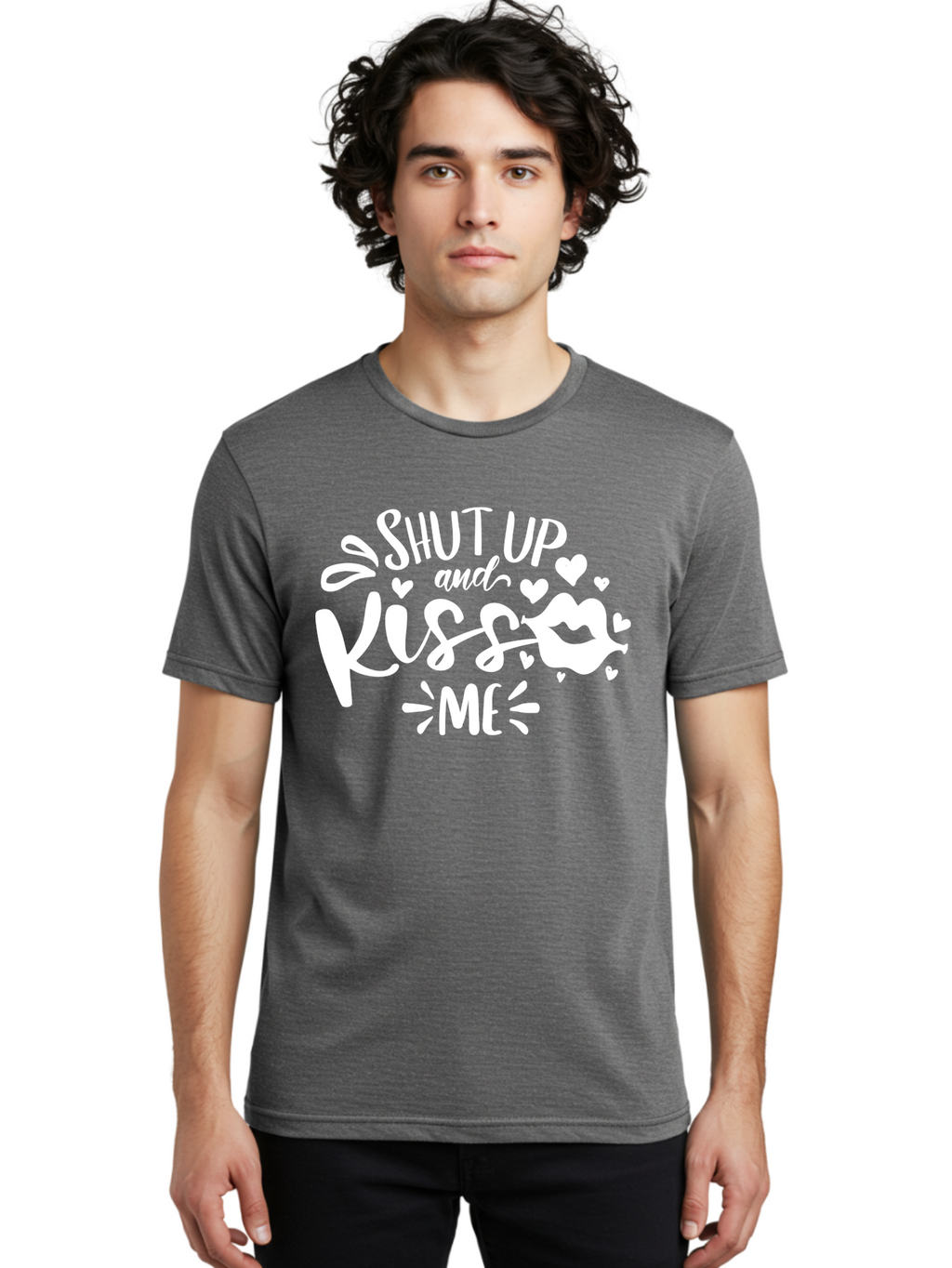 Shut Up And Kiss Me White Men'S Graphic Tee, 100% Cotton, Comfortable Casual Summer Wear, Machine Washable, Romantic Quote, Kiss Me, Shut Up, Love Message, Heart Icons, Lips Illustration, Affectionate Phrase, Valentines Day, Sweet Nothings, Aae637
