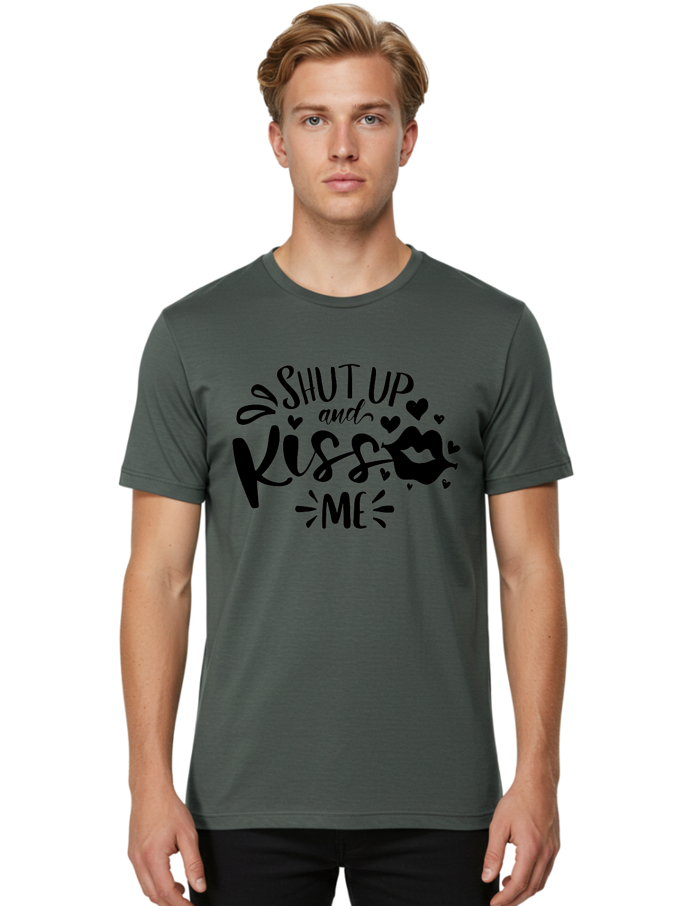 Shut Up And Kiss Me Men'S Graphic Tee, 100% Cotton, Comfortable Casual Summer Wear, Machine Washable, Love Quotes, Romantic Phrases, Kiss Me, Shut Up, Valentines Day Gifts, Couples Quotes, Heart Graphics, Lips Illustration, Sassy Phrases Aae638