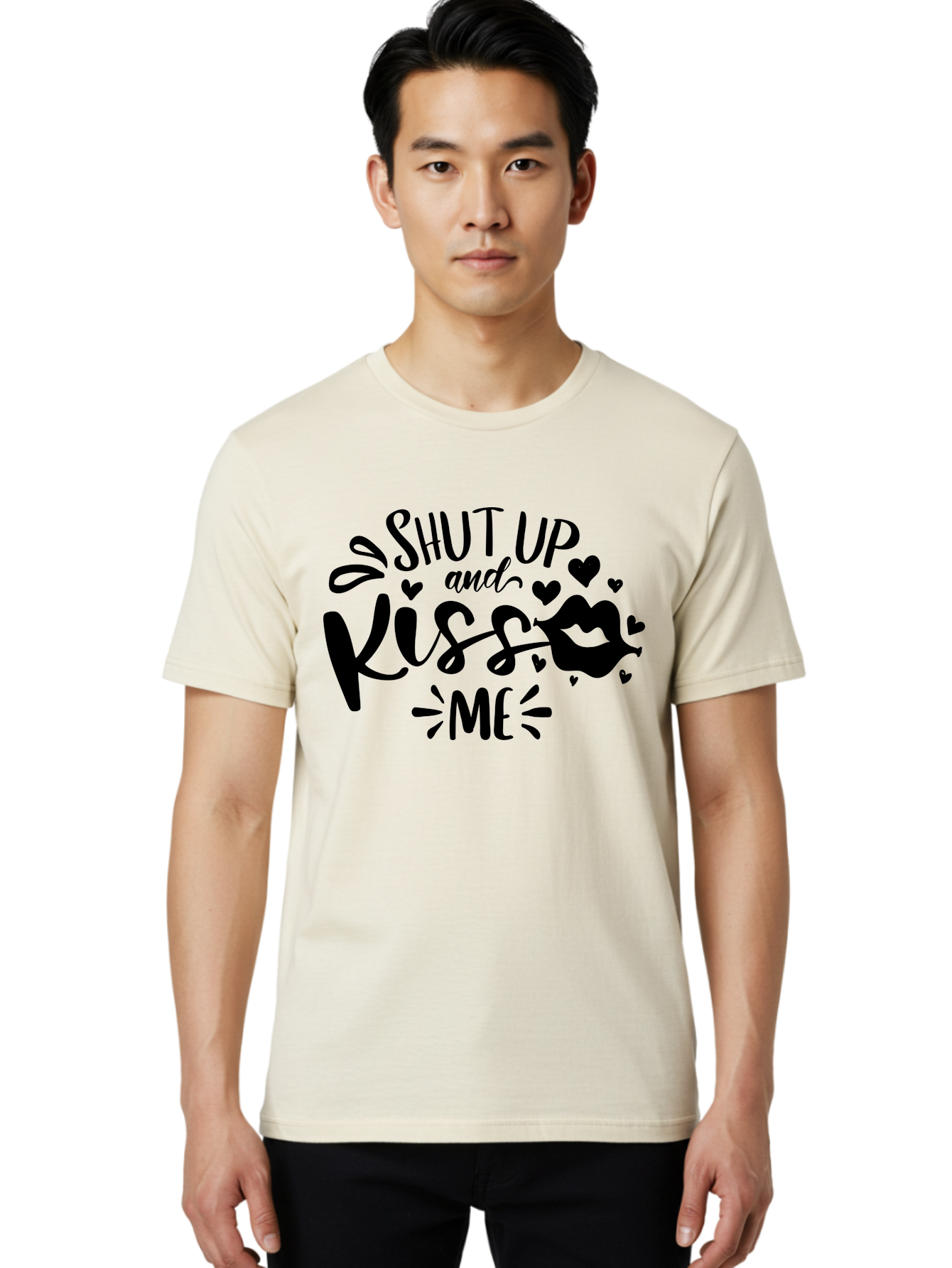 Shut Up And Kiss Me Men'S Graphic Tee, 100% Cotton, Comfortable Casual Summer Wear, Machine Washable, Love Quotes, Romantic Phrases, Kiss Me, Shut Up, Valentines Day Gifts, Couples Quotes, Heart Graphics, Lips Illustration, Sassy Phrases Aae638