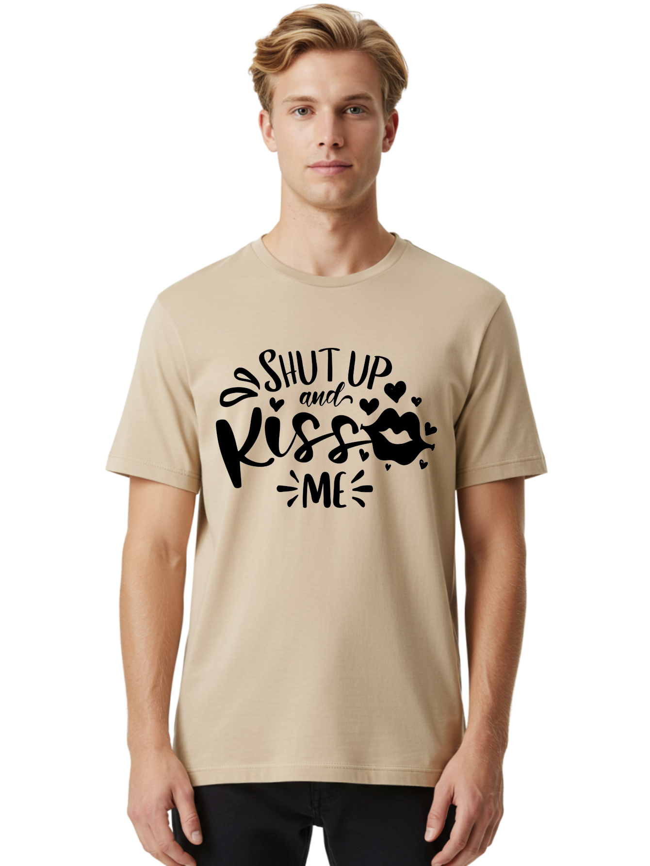 Shut Up And Kiss Me Men'S Graphic Tee, 100% Cotton, Comfortable Casual Summer Wear, Machine Washable, Love Quotes, Romantic Phrases, Kiss Me, Shut Up, Valentines Day Gifts, Couples Quotes, Heart Graphics, Lips Illustration, Sassy Phrases Aae638