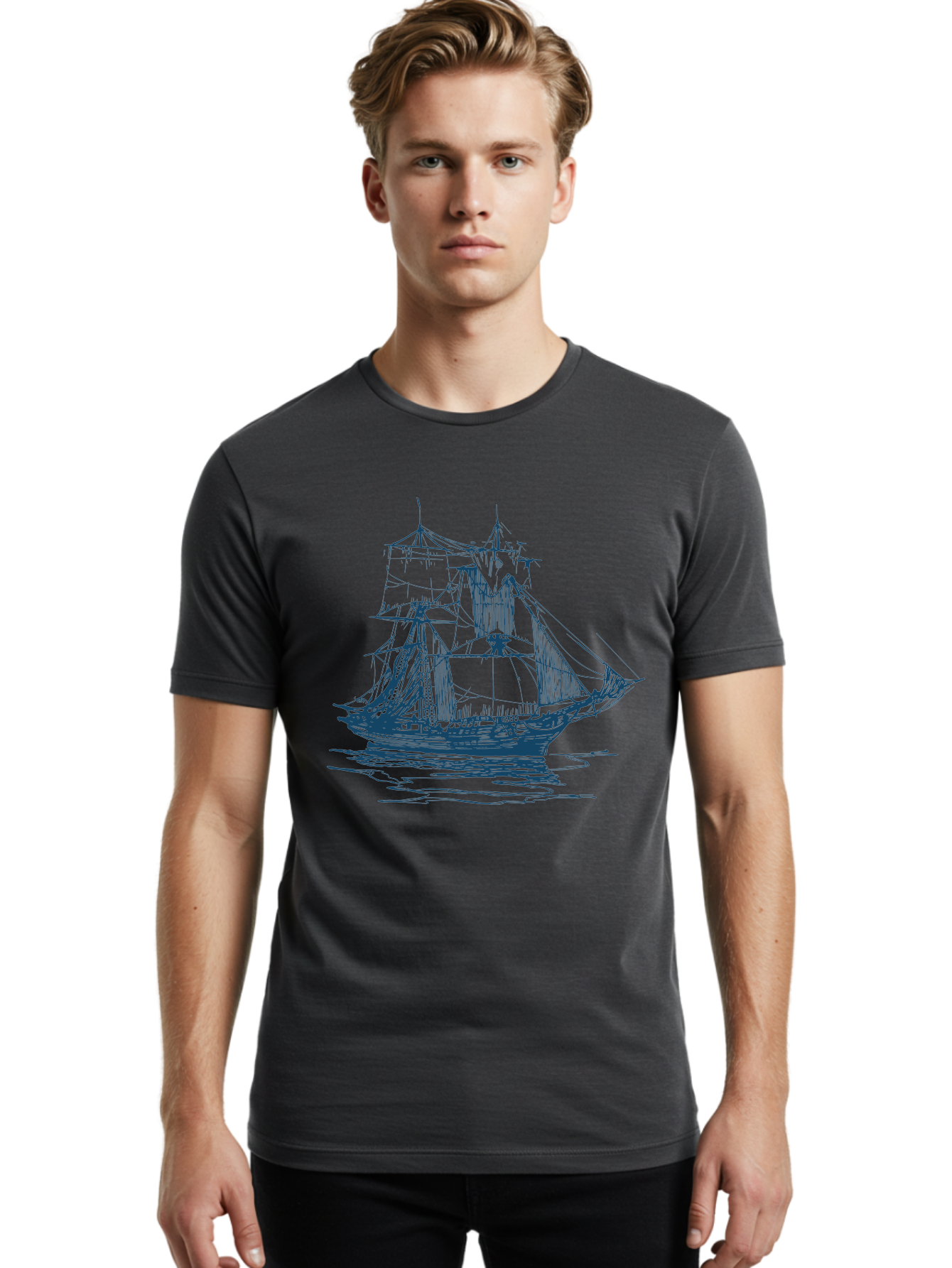 Silent Sails Ship Men'S Graphic Tee, 100% Cotton, Comfortable Casual Summer Wear, Machine Washable, Sailing Ship, Tall Ship, Naval Vessel, Sailing Boat, Ocean Waves, Nautical Theme, Historic Ship, Classic Sailing, Maritime Illustration Aae644