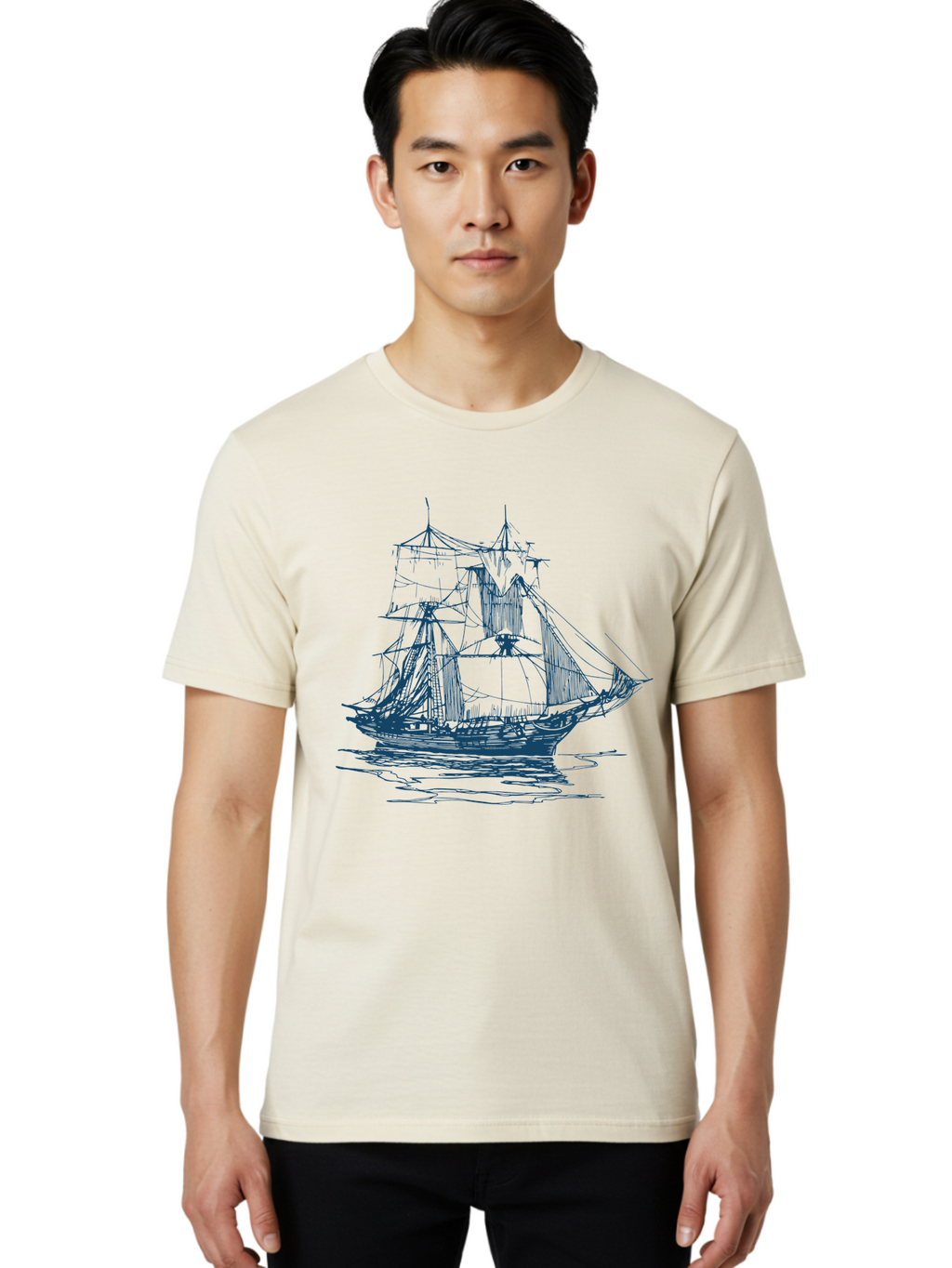 Silent Sails Ship Men'S Graphic Tee, 100% Cotton, Comfortable Casual Summer Wear, Machine Washable, Sailing Ship, Tall Ship, Naval Vessel, Sailing Boat, Ocean Waves, Nautical Theme, Historic Ship, Classic Sailing, Maritime Illustration Aae644