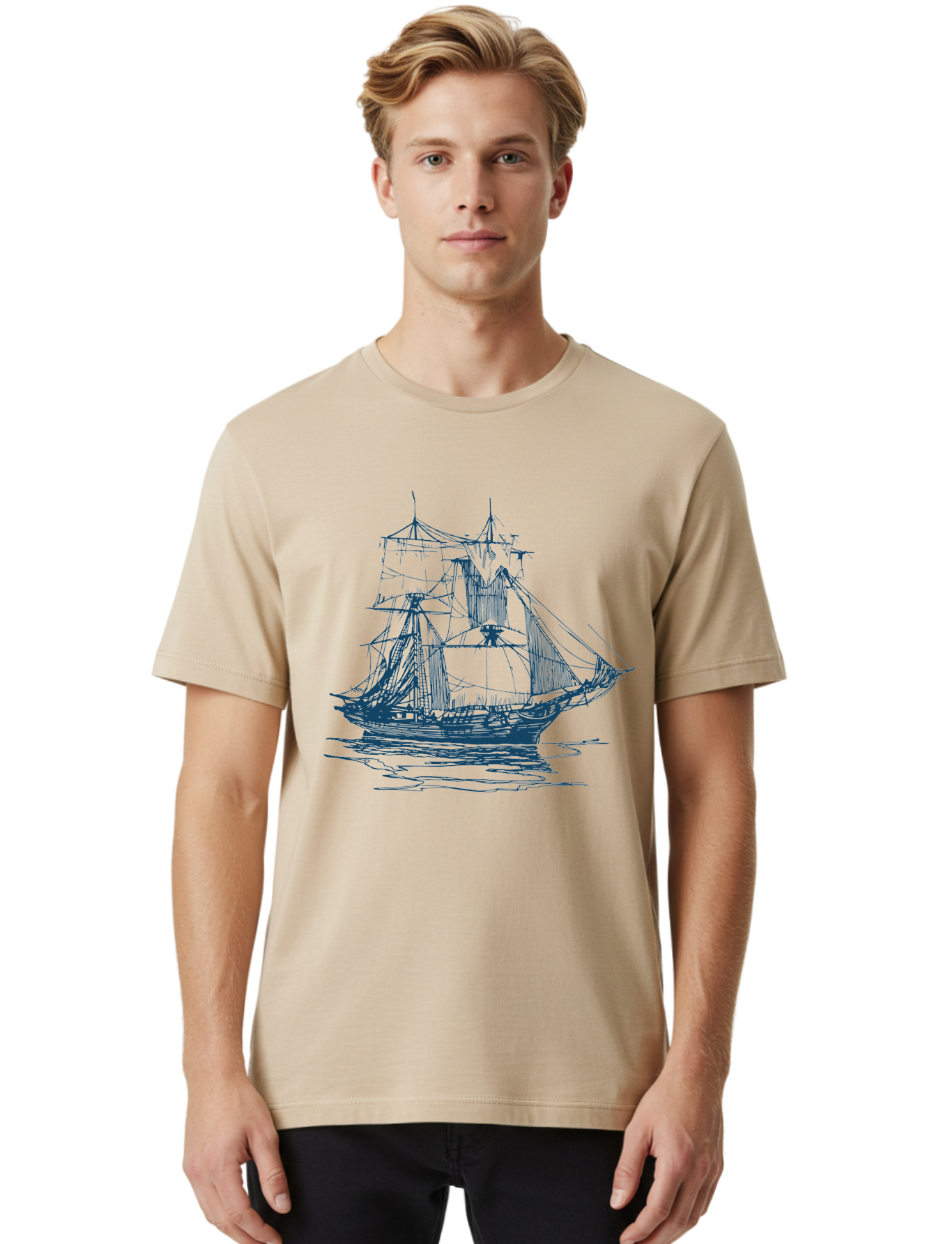 Silent Sails Ship Men'S Graphic Tee, 100% Cotton, Comfortable Casual Summer Wear, Machine Washable, Sailing Ship, Tall Ship, Naval Vessel, Sailing Boat, Ocean Waves, Nautical Theme, Historic Ship, Classic Sailing, Maritime Illustration Aae644