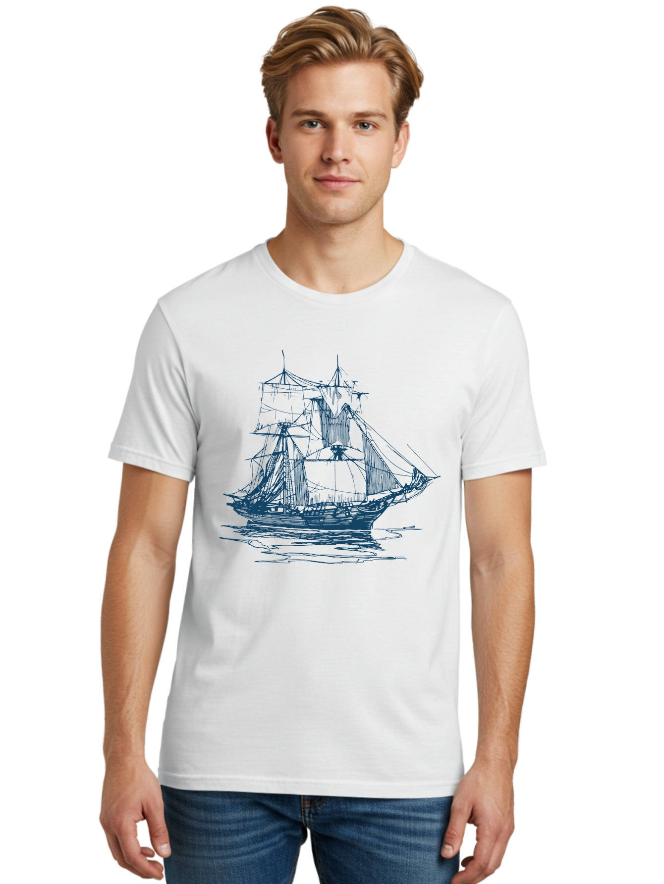 Silent Sails Ship Men'S Graphic Tee, 100% Cotton, Comfortable Casual Summer Wear, Machine Washable, Sailing Ship, Tall Ship, Naval Vessel, Sailing Boat, Ocean Waves, Nautical Theme, Historic Ship, Classic Sailing, Maritime Illustration Aae644