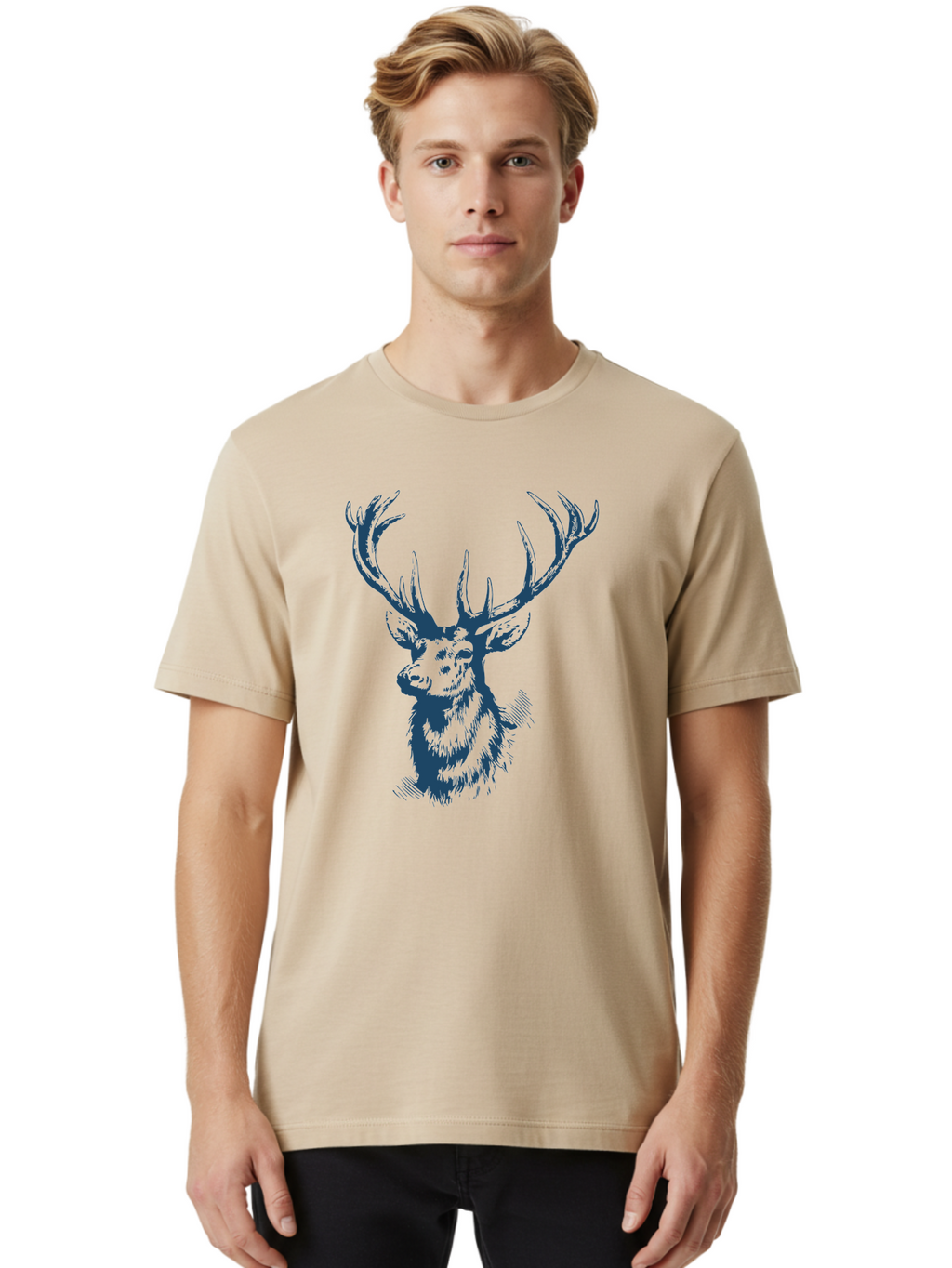 Silent Watcher Stag Men'S Graphic Tee, 100% Cotton, Comfortable Casual Summer Wear, Machine Washable, Deer, Wildlife, Majestic Animal, Stag, Antlers, Woodland Creature, Sketch Art, Illustration, Forest Dwellers Aae646