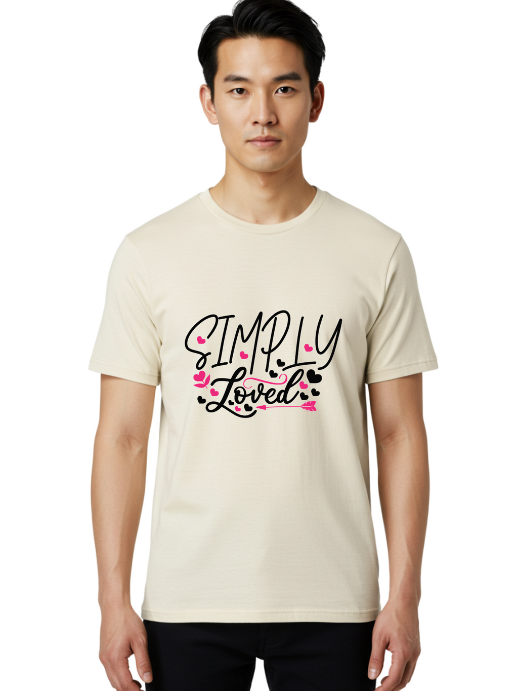 Simply Loved Men'S Graphic Tee, 100% Cotton, Comfortable Casual Summer Wear, Machine Washable, Loved Graphic, Heart Designs, Pink Hearts, Black Script, Inspirational Quote, Love Message, Valentines Day Gift, Positive Affirmation, Aae648