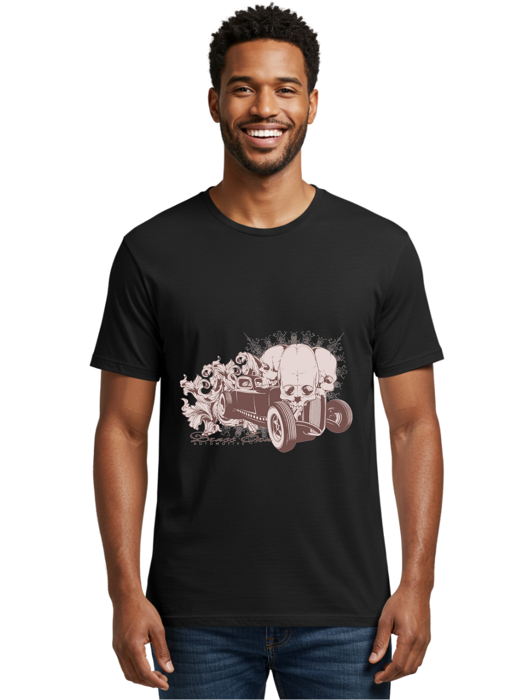 Skull Drive Men'S Graphic Tee, 100% Cotton, Comfortable Casual Summer Wear, Machine Washable, Hot Rod Car, Sugar Skull, Vintage Vehicle, Skull Design, Gothic Art, Automotive Culture, Custom Car, Skull Graphics Aae650