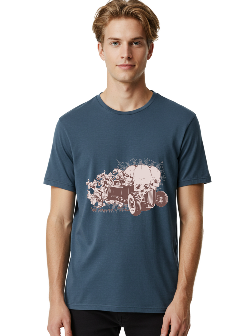 Skull Drive Men'S Graphic Tee, 100% Cotton, Comfortable Casual Summer Wear, Machine Washable, Hot Rod Car, Sugar Skull, Vintage Vehicle, Skull Design, Gothic Art, Automotive Culture, Custom Car, Skull Graphics Aae650
