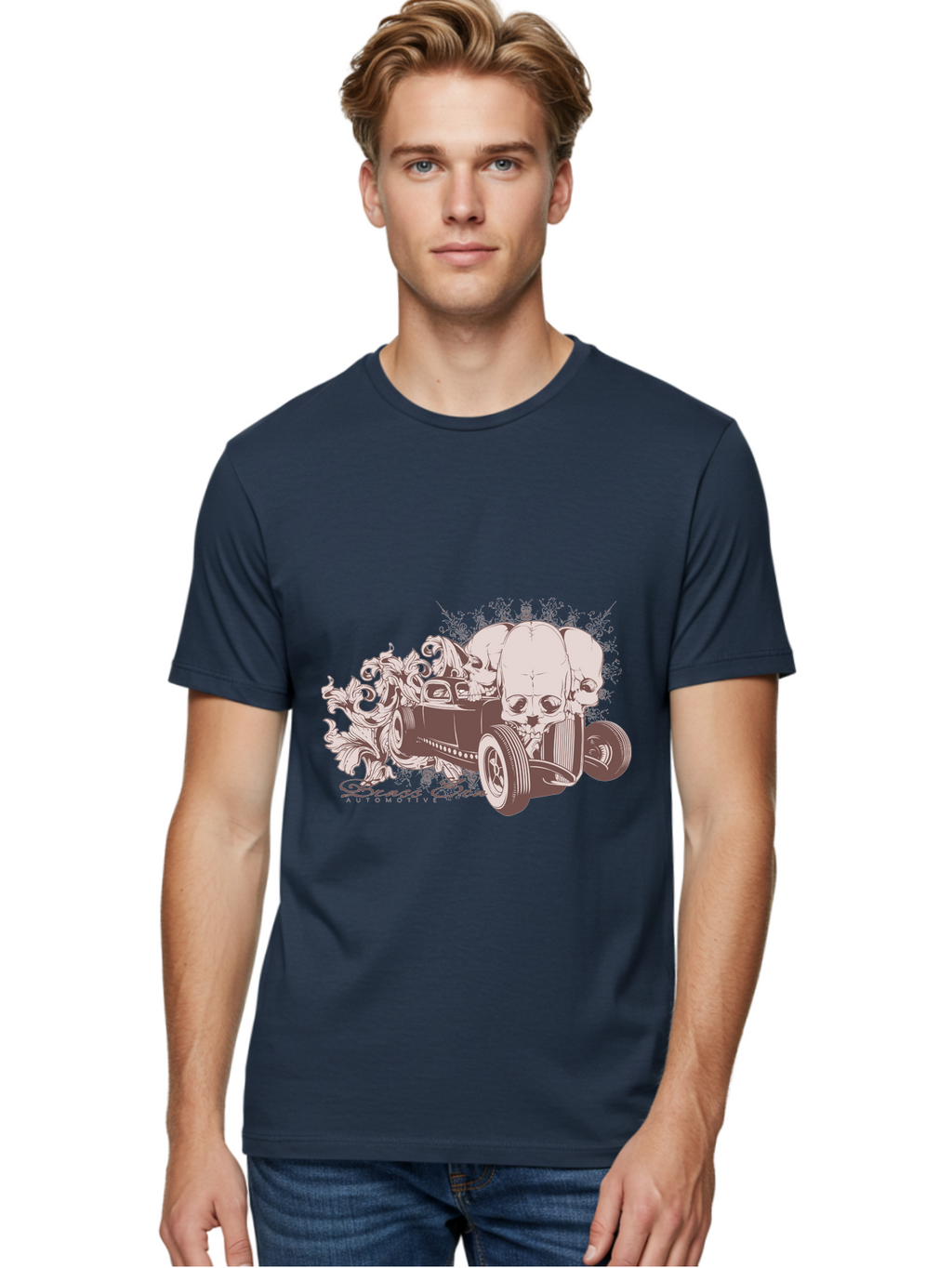 Skull Drive Men'S Graphic Tee, 100% Cotton, Comfortable Casual Summer Wear, Machine Washable, Hot Rod Car, Sugar Skull, Vintage Vehicle, Skull Design, Gothic Art, Automotive Culture, Custom Car, Skull Graphics Aae650