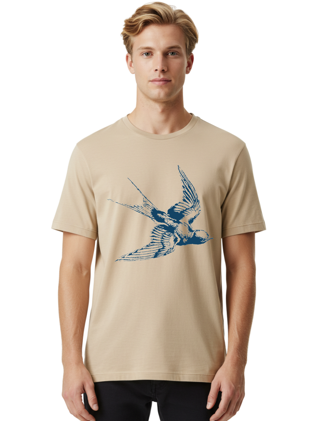 Skybound Sparrow Men'S Graphic Tee, 100% Cotton, Comfortable Casual Summer Wear, Machine Washable, Swallow Bird In Flight, Blue Bird Illustration, Bird In Air, Flying Swallow, Bird Species, Wildlife Art, Avian Illustration Aae651