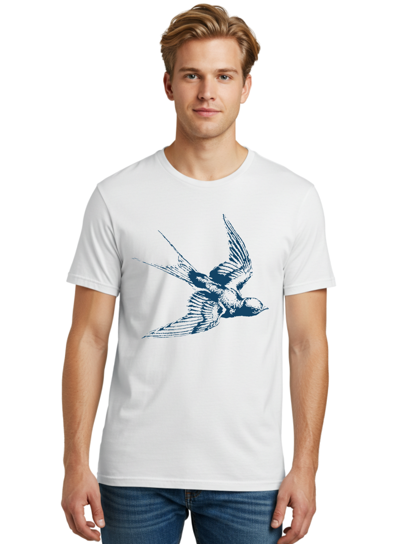Skybound Sparrow Men'S Graphic Tee, 100% Cotton, Comfortable Casual Summer Wear, Machine Washable, Swallow Bird In Flight, Blue Bird Illustration, Bird In Air, Flying Swallow, Bird Species, Wildlife Art, Avian Illustration Aae651