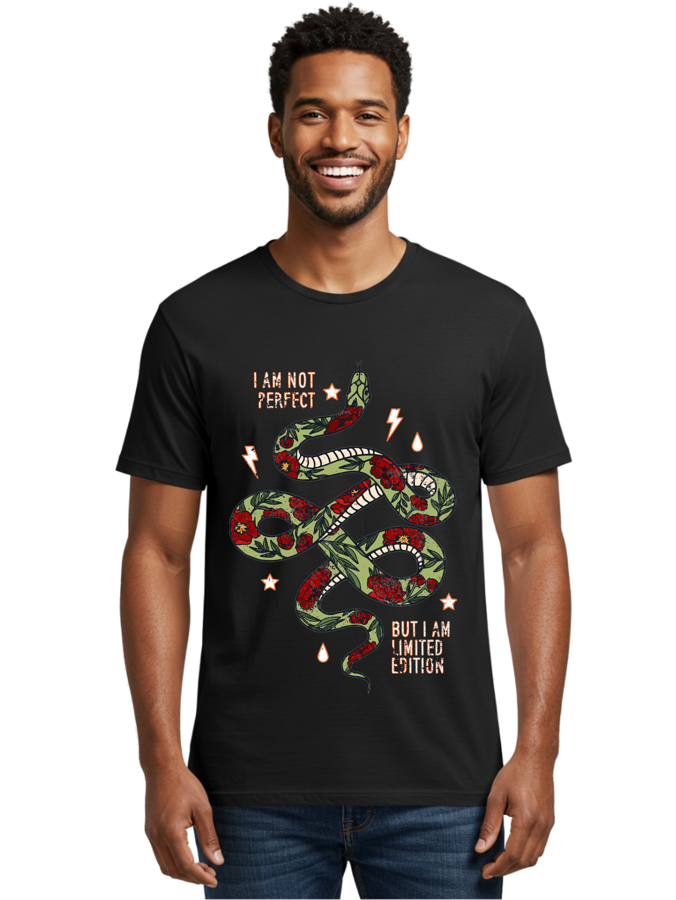 Snake Men'S Graphic Tee, 100% Cotton, Comfortable Casual Summer Wear, Machine Washable, Snake With Red Roses, Limited Edition, Motivational Quote, Self-Love, Empowerment, Unique Personality, Floral Pattern, Bold Design, Inspirational Art, Aae654