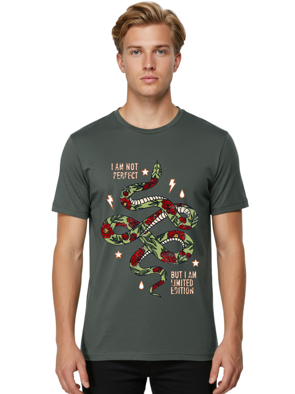 Snake Men'S Graphic Tee, 100% Cotton, Comfortable Casual Summer Wear, Machine Washable, Snake With Red Roses, Limited Edition, Motivational Quote, Self-Love, Empowerment, Unique Personality, Floral Pattern, Bold Design, Inspirational Art, Aae654