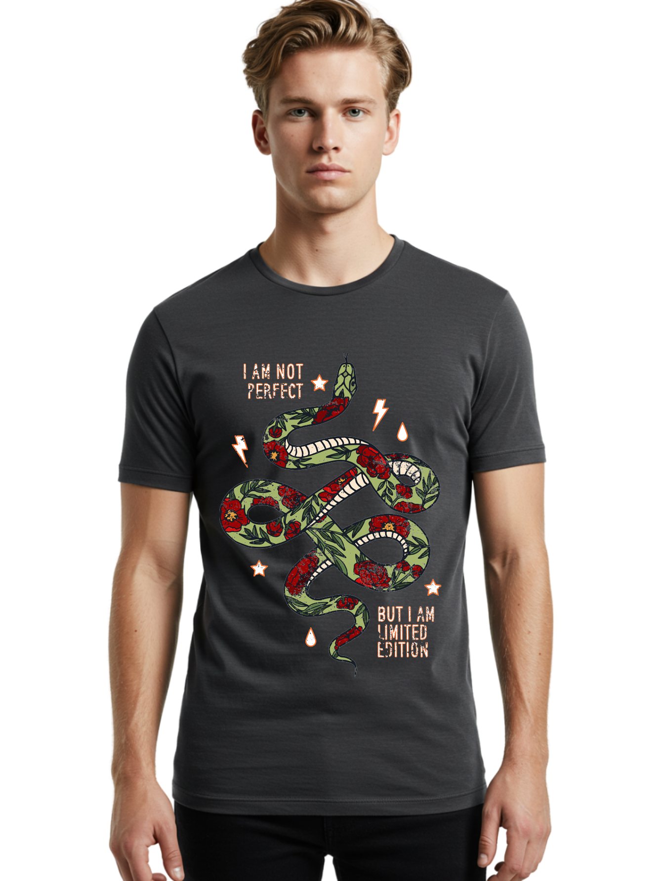 Snake Men'S Graphic Tee, 100% Cotton, Comfortable Casual Summer Wear, Machine Washable, Snake With Red Roses, Limited Edition, Motivational Quote, Self-Love, Empowerment, Unique Personality, Floral Pattern, Bold Design, Inspirational Art, Aae654