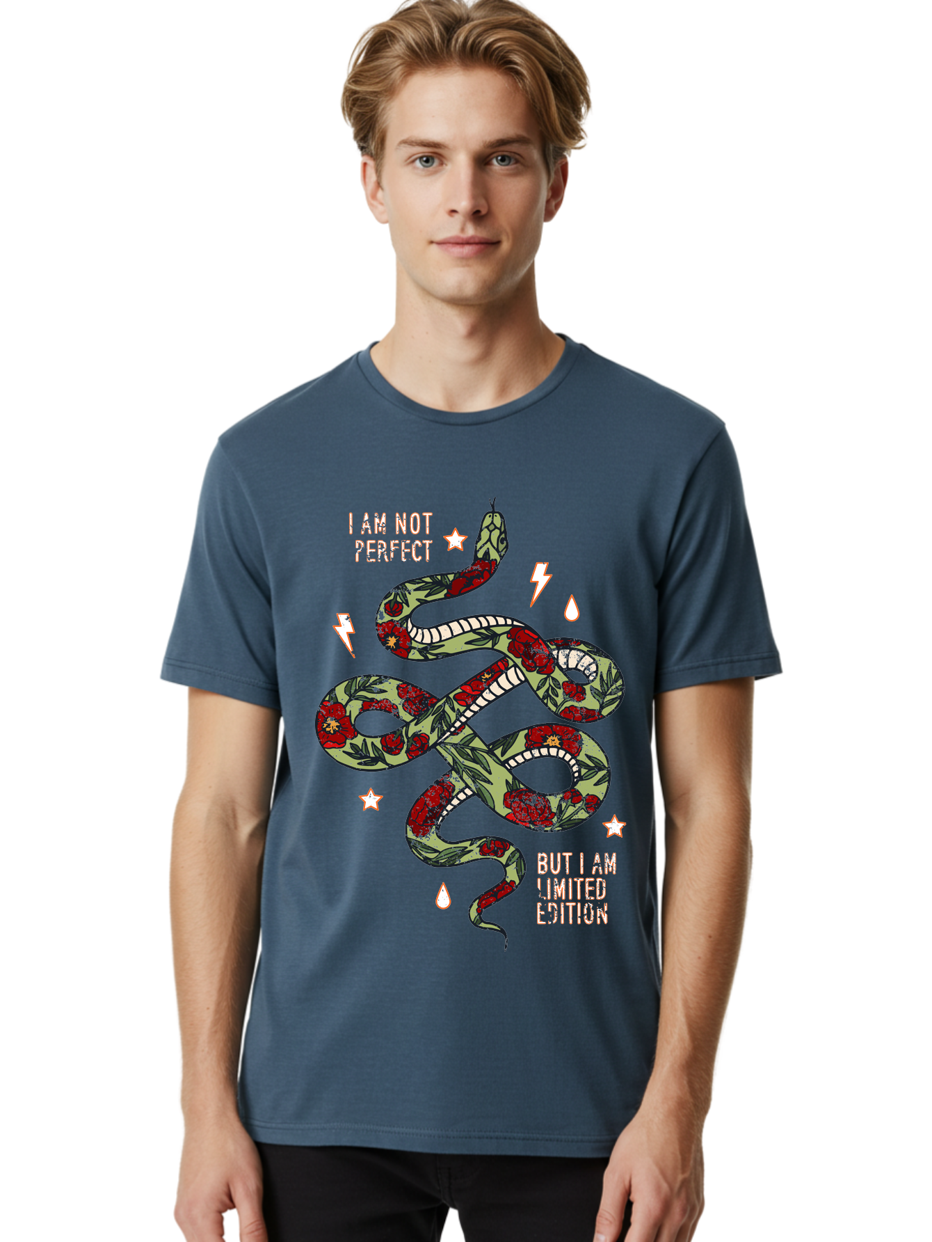 Snake Men'S Graphic Tee, 100% Cotton, Comfortable Casual Summer Wear, Machine Washable, Snake With Red Roses, Limited Edition, Motivational Quote, Self-Love, Empowerment, Unique Personality, Floral Pattern, Bold Design, Inspirational Art, Aae654