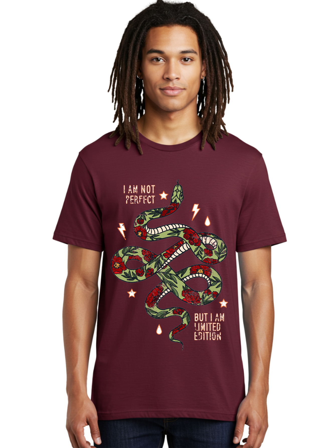 Snake Men'S Graphic Tee, 100% Cotton, Comfortable Casual Summer Wear, Machine Washable, Snake With Red Roses, Limited Edition, Motivational Quote, Self-Love, Empowerment, Unique Personality, Floral Pattern, Bold Design, Inspirational Art, Aae654
