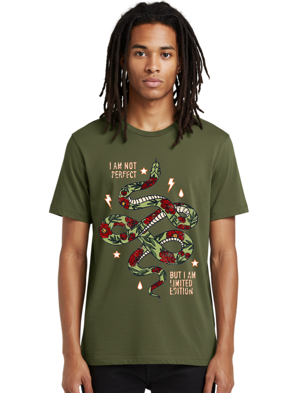 Snake Men'S Graphic Tee, 100% Cotton, Comfortable Casual Summer Wear, Machine Washable, Snake With Red Roses, Limited Edition, Motivational Quote, Self-Love, Empowerment, Unique Personality, Floral Pattern, Bold Design, Inspirational Art, Aae654