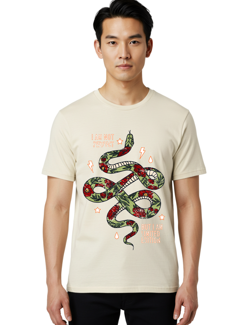 Snake Men'S Graphic Tee, 100% Cotton, Comfortable Casual Summer Wear, Machine Washable, Snake With Red Roses, Limited Edition, Motivational Quote, Self-Love, Empowerment, Unique Personality, Floral Pattern, Bold Design, Inspirational Art, Aae654