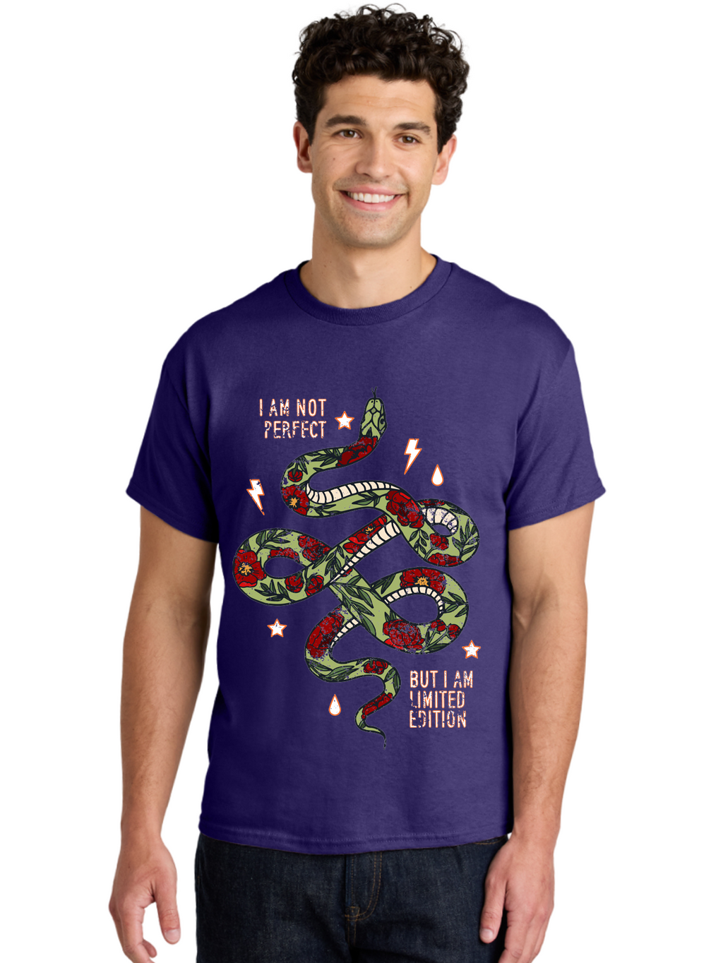 Snake Men'S Graphic Tee, 100% Cotton, Comfortable Casual Summer Wear, Machine Washable, Snake With Red Roses, Limited Edition, Motivational Quote, Self-Love, Empowerment, Unique Personality, Floral Pattern, Bold Design, Inspirational Art, Aae654