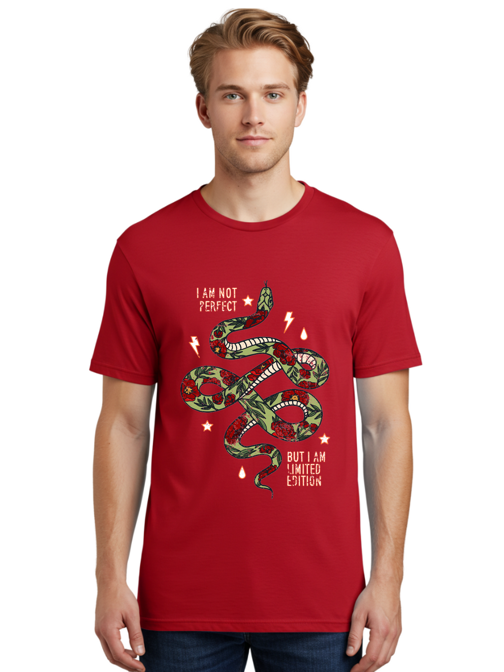 Snake Men'S Graphic Tee, 100% Cotton, Comfortable Casual Summer Wear, Machine Washable, Snake With Red Roses, Limited Edition, Motivational Quote, Self-Love, Empowerment, Unique Personality, Floral Pattern, Bold Design, Inspirational Art, Aae654