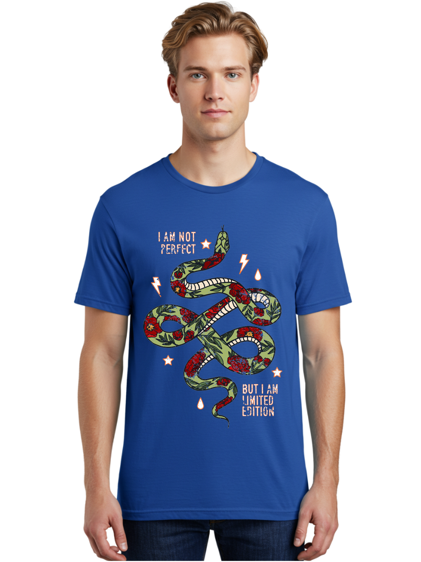 Snake Men'S Graphic Tee, 100% Cotton, Comfortable Casual Summer Wear, Machine Washable, Snake With Red Roses, Limited Edition, Motivational Quote, Self-Love, Empowerment, Unique Personality, Floral Pattern, Bold Design, Inspirational Art, Aae654