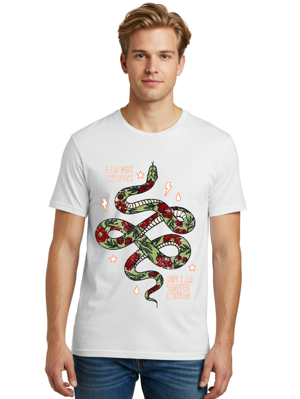 Snake Men'S Graphic Tee, 100% Cotton, Comfortable Casual Summer Wear, Machine Washable, Snake With Red Roses, Limited Edition, Motivational Quote, Self-Love, Empowerment, Unique Personality, Floral Pattern, Bold Design, Inspirational Art, Aae654