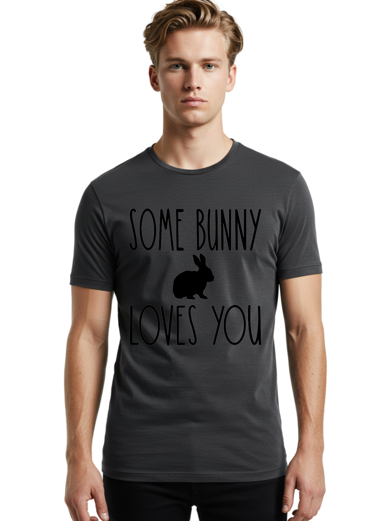 Some Bunny Loves You Men'S Graphic Tee, 100% Cotton, Comfortable Casual Summer Wear, Machine Washable, Bunny Silhouette, Love Message, Easter Theme, Rabbit Graphics, Cute Design, Funny Quotes, Spring Season Aae656