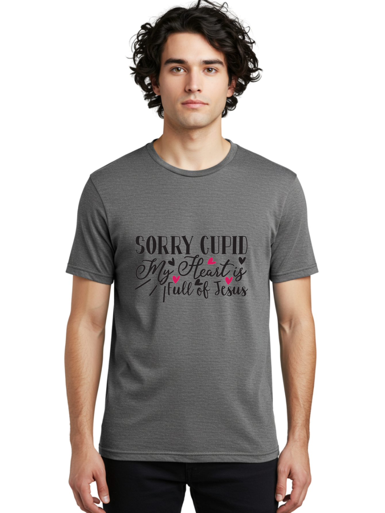 Sorry Cupid My Heart Is Full Of Jesus-01 Men'S Graphic Tee, 100% Cotton, Comfortable Casual Summer Wear, Machine Washable, Faith-Based Quote, Inspirational Sayings, Christian T-Shirt Design, Valentines Day Quote, Cupid Quote, Love Lettering, Aae659